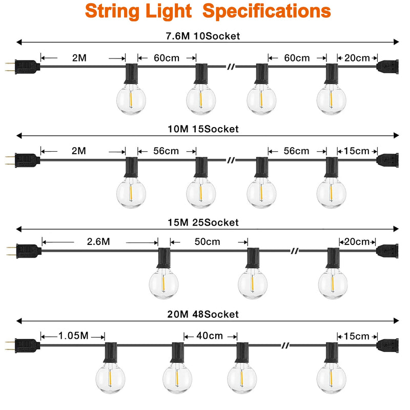 65FT Outdoor String Lights Dimmable E12 Sockets G40 Globe Led Bulb Connectable Gard Decor Fairy Light Chain