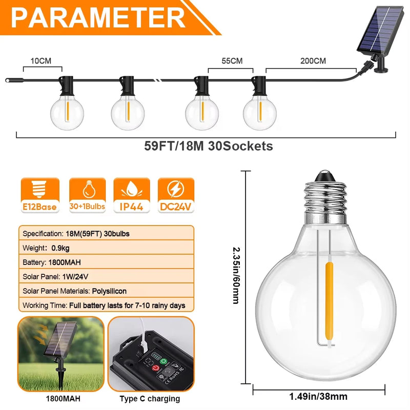 G40 Outdoor Solar String Light Garland LED Solar String Lights 24V Globe Waterproof Hanging Lights for Garden Backyard Cafe