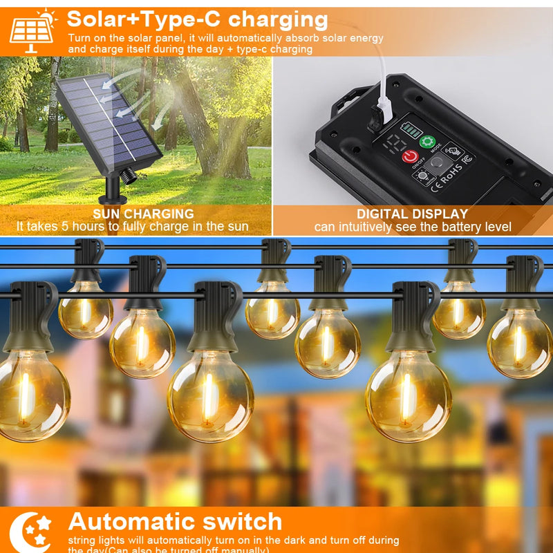 G40 Outdoor Solar String Light Garland LED Solar String Lights 24V Globe Waterproof Hanging Lights for Garden Backyard Cafe
