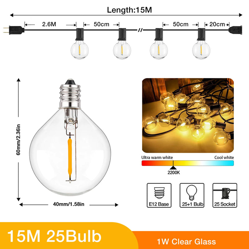 65FT Outdoor String Lights Dimmable E12 Sockets G40 Globe Led Bulb Connectable Gard Decor Fairy Light Chain